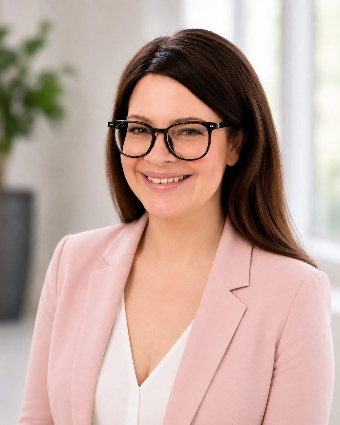 Head-and-shoulders portrait of Holly Weber, long dark hair, wearing glasses, a pink blazer, and a white top.