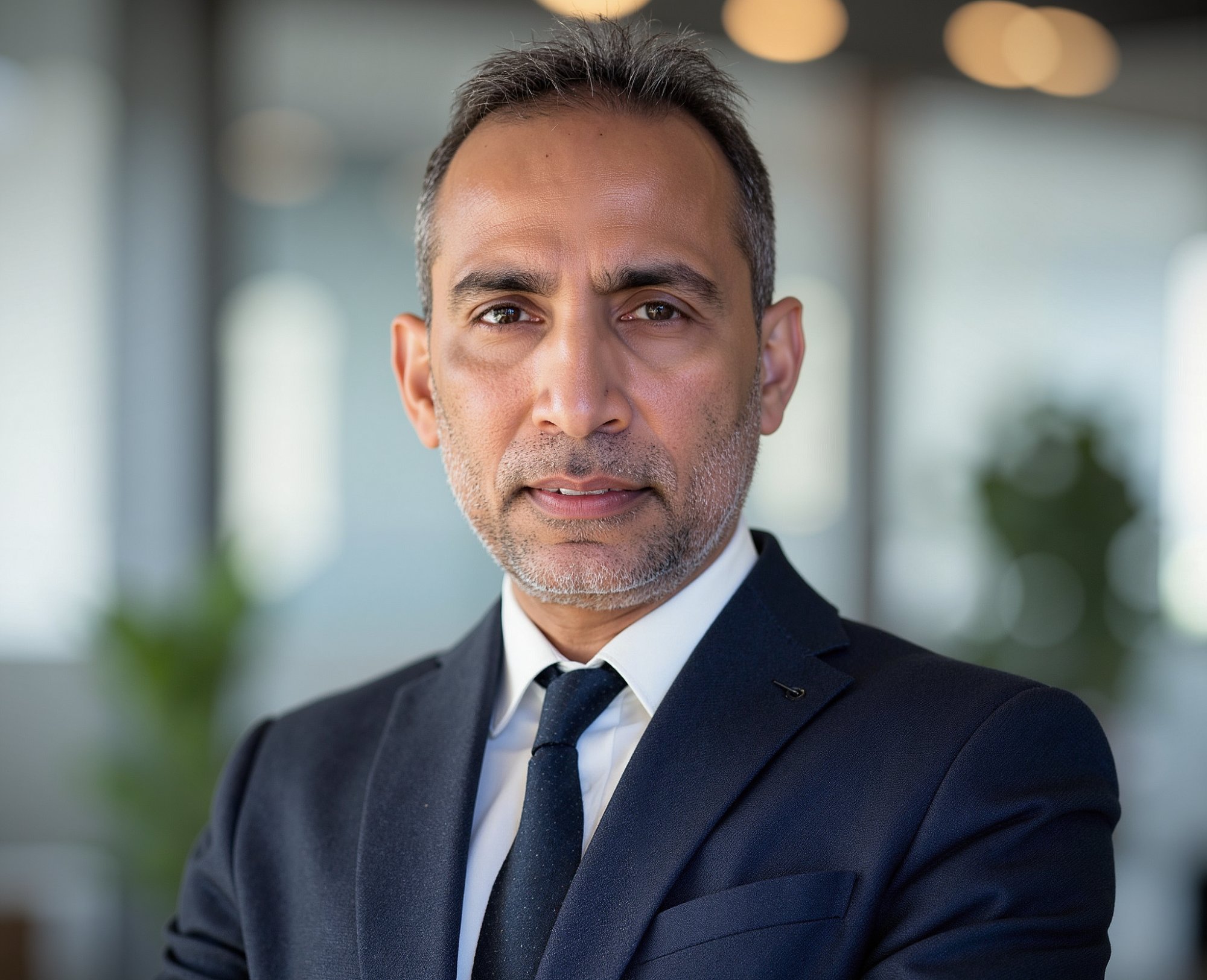 Head-and-shoulders portrait of Imran Khan, short dark hair and a beard, wearing a navy suit and tie.