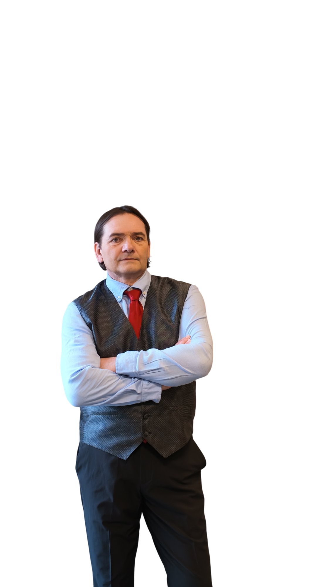 Head-and-shoulders portrait of Andy Potega, dark hair, wearing a light blue shirt, grey vest, and red tie.