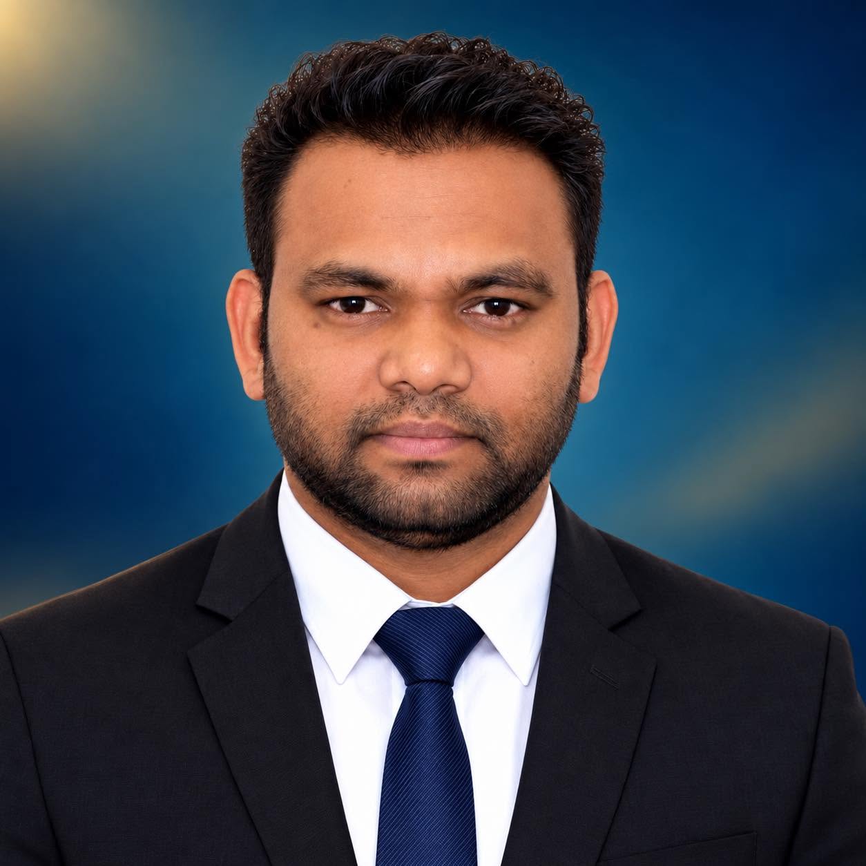 Head-and-shoulders portrait of Md Sazibul Islam, short dark curly hair and a beard, wearing a dark suit and tie.