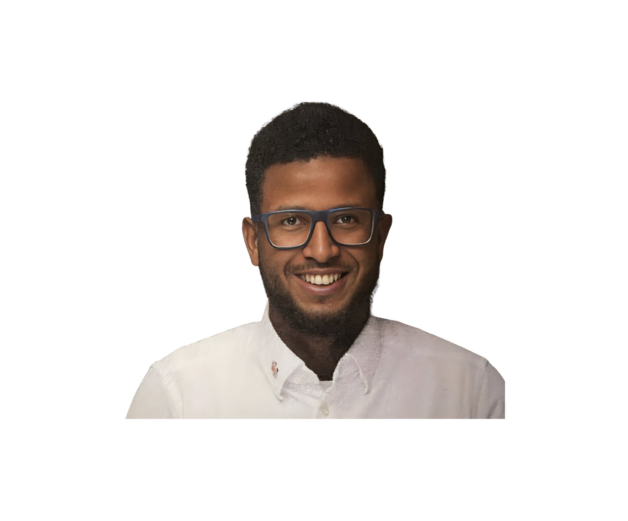Head-and-shoulders portrait of Sharmarke Ali, short dark hair and a beard, wearing glasses and a white shirt.