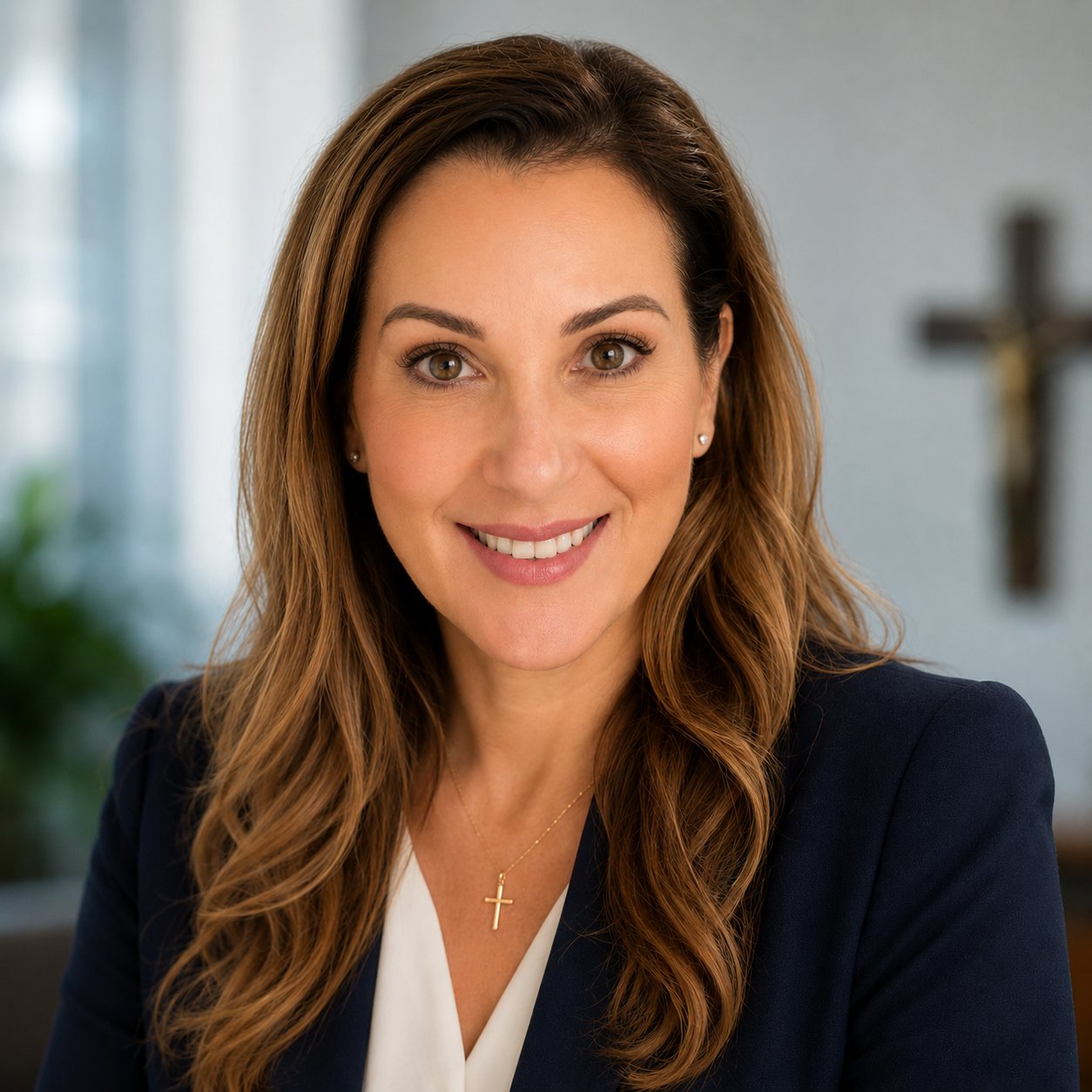 Head-and-shoulders portrait of Sara Concordia, long wavy brown hair, wearing a navy blazer and white top.