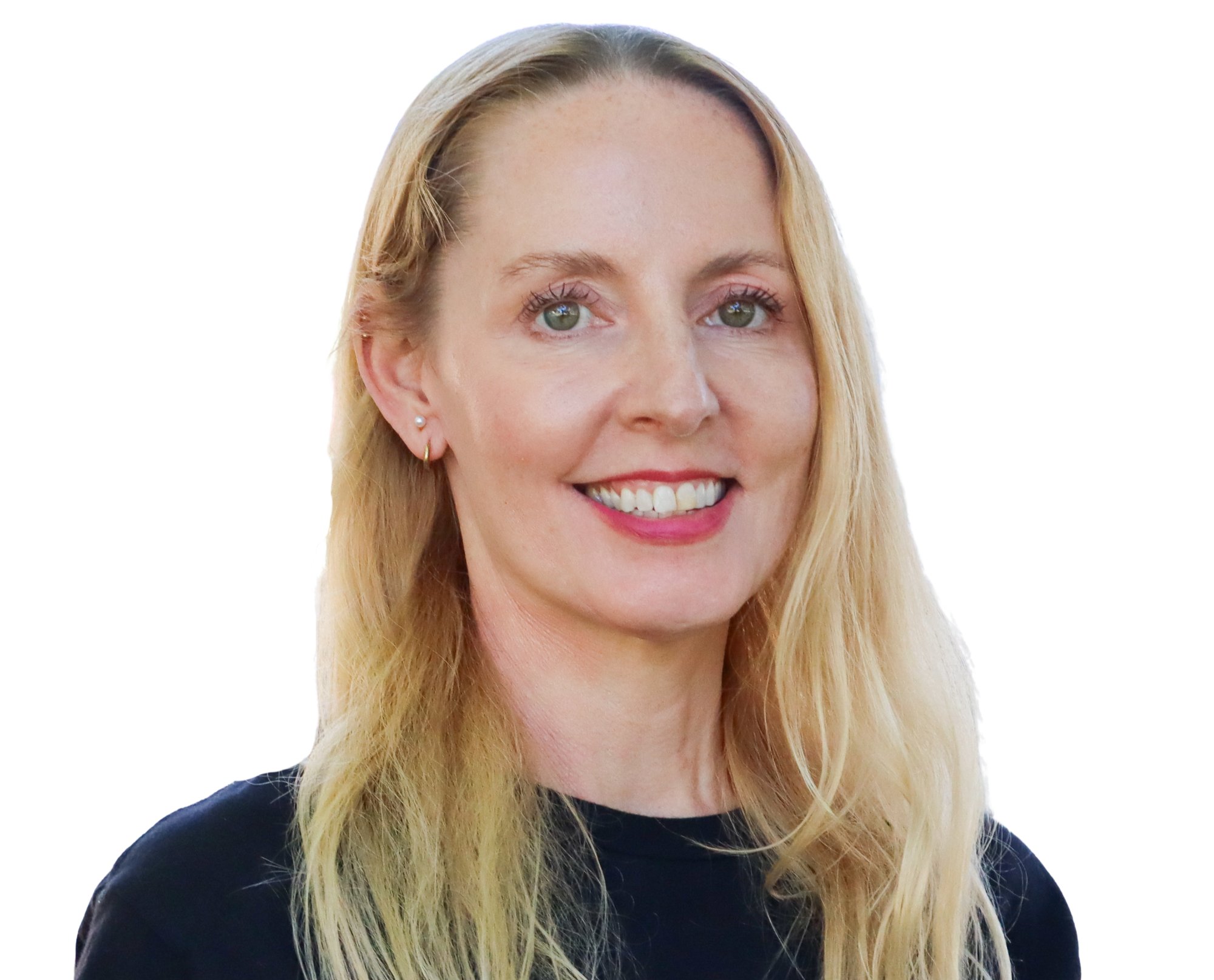 Head-and-shoulders portrait of Sarah Smithies, long blonde hair, wearing a black top and earrings.